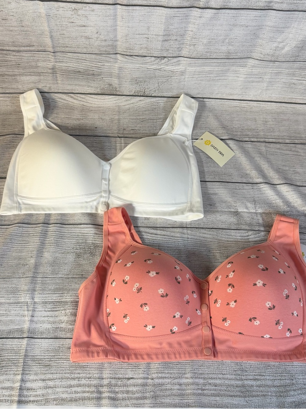 Daisy Bra Front Snap Wireless Cotton Bra Lot 2 White Pink Floral 3XL NWT Plus